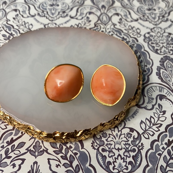 Vintage Pink Coral & Gold Tone Post Earrings - Picture 2 of 4
